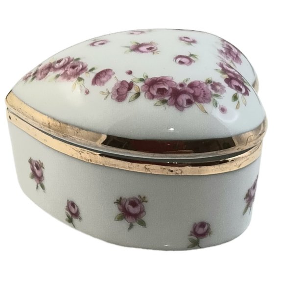 Lefton Heart Shaped Trinket Box Pink Flowers Gold Trim Jewlery Box - Picture 9 of 10